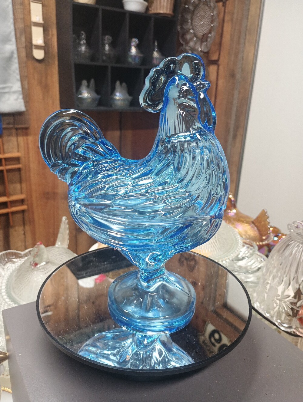 Brilliant Blue Glass Rooster Candy Dish, Standing Rooster, Hen On Nest